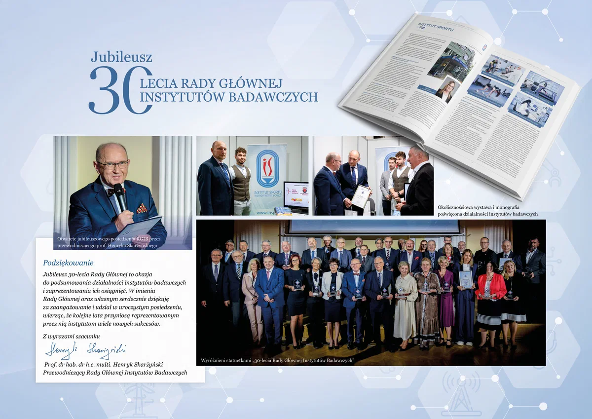 Plansza jubileuszowa 30-lecia Rady Głównej Instytutów Badawczych ze zdjęciami z uroczystości i słowem wstępnym prof. Henryka Skarżyńskiego.
