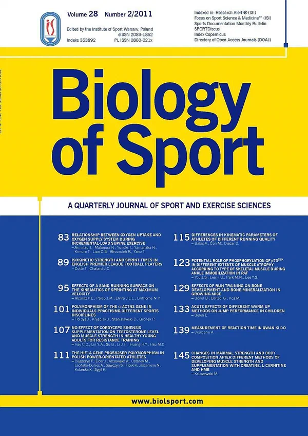 Okładka czasopisma naukowego „Biology of Sport” (Vol. 28, nr 2/2011) ze spisem treści.