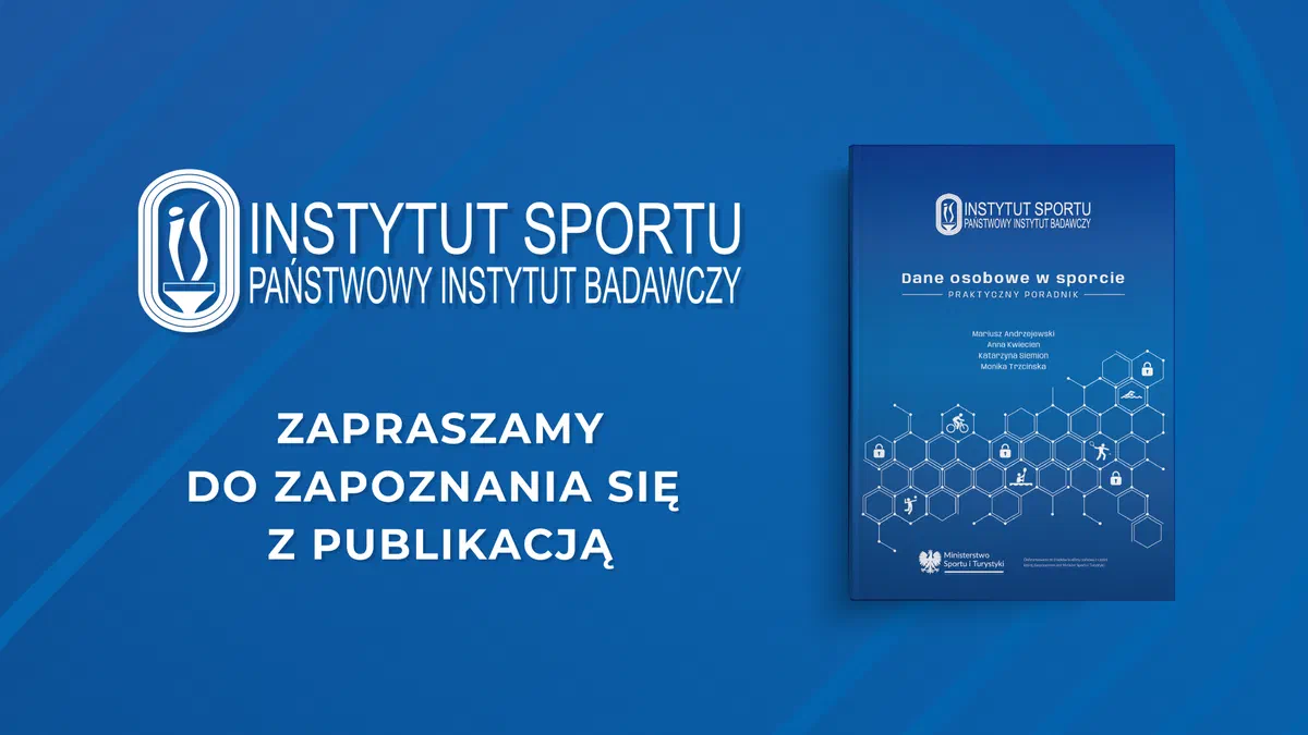 Grafika promująca poradnik „Dane osobowe w sporcie” z okładką publikacji i znakiem Instytutu Sportu – Państwowego Instytutu Badawczego.