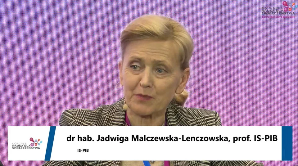 Kadr z transmisji wystąpienia dr hab. Jadwigi Malczewskiej-Lenczowskiej, prof. IS-PIB podczas 4. Kongresu „Nauka dla Społeczeństwa”