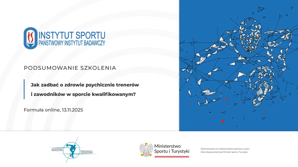 Grafika podsumowująca szkolenie Akademii Trenerskiej: Jak zadbać o zdrowie psychiczne trenerów i zawodników w sporcie kwalifikowanym?, formuła online, 13.11.2025.
