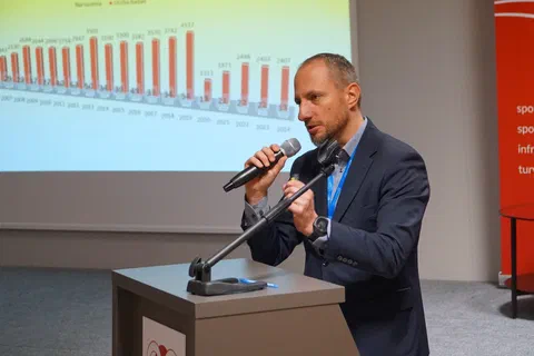 Prelegent przy mównicy omawiający wykres słupkowy wyświetlany na ekranie.