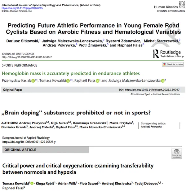 Zestawienie nagłówków czterech artykułów naukowych współautorstwa badaczy Instytutu Sportu – PIB i Raphaëla Faissa opublikowanych w czasopismach „International Journal of Sports Physiology and Performance”, „Journal of Sports Sciences”, „Biology of Sport” oraz „European Journal of Applied Physiology”.