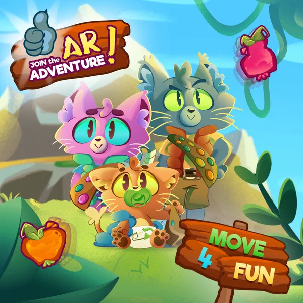 Ilustracja promocyjna aplikacji mobilnej Move4Fun: rysunkowe postacie kotów w dżungli i napis „AR! Join the Adventure – Move4Fun”.