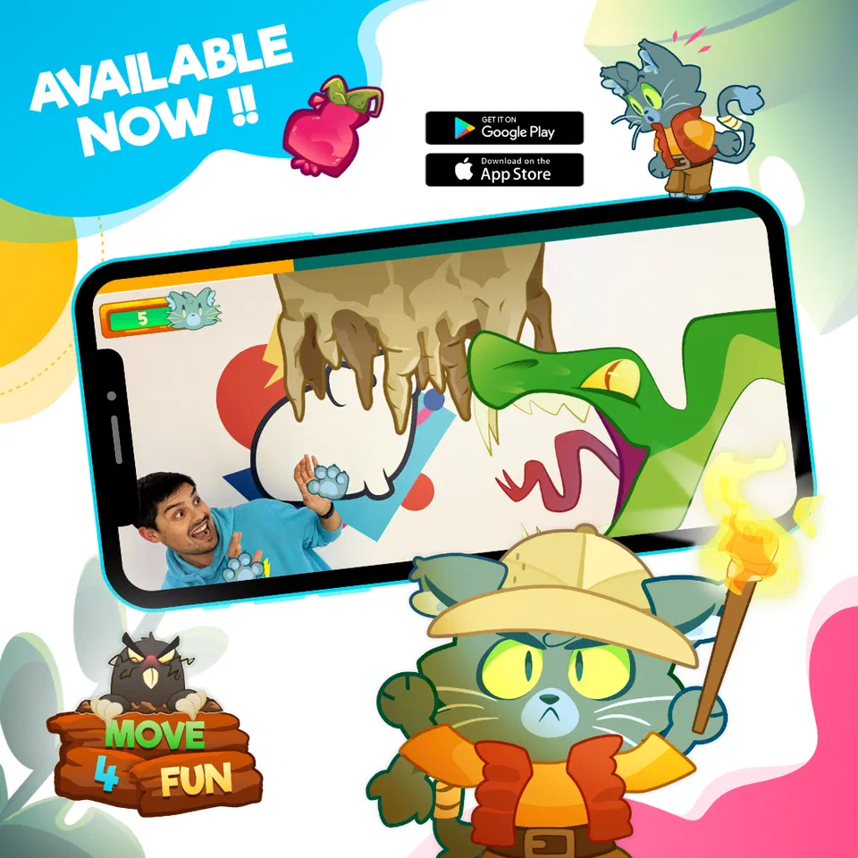 Grafika aplikacji Move4Fun pokazująca ekran smartfona z grą ruchową wykorzystującą kamerę oraz informację o dostępności w Google Play i App Store