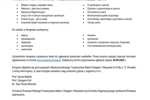 Pismo zapraszające na III Międzynarodowy Kongres Polskiego Towarzystwa Mięśni, Ścięgien i Więzadeł w Łodzi z wykazem tematów przewodnich