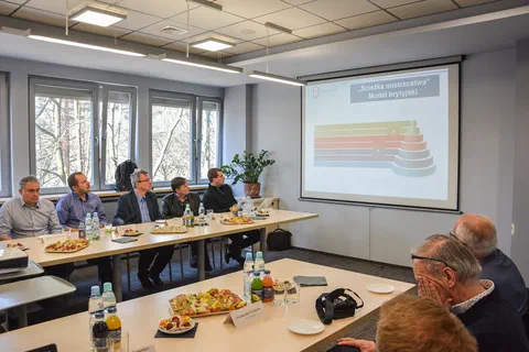 Uczestnicy spotkania oglądający piramidę szkoleniową wyświetloną na ekranie projekcyjnym