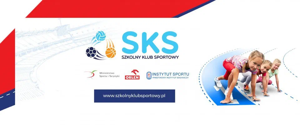 Grafika programu Szkolny Klub Sportowy (SKS): logotypy SKS, Ministerstwa Sportu i Turystyki, PKN Orlen i Instytutu Sportu – PIB, adres www.szkolnyklubsportowy.pl oraz dzieci ćwiczące na sali gimnastycznej