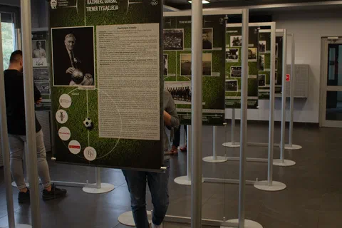 Pionowy kadr rzędu podświetlonych plansz wystawowych ustawionych w głębi sali