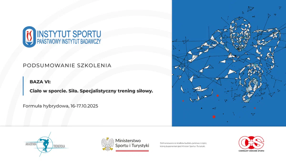 Grafika podsumowująca szkolenie Akademii Trenerskiej: BAZA VI Ciało w sporcie. Siła. Specjalistyczny trening siłowy, formuła hybrydowa, 16–17.10.2025.
