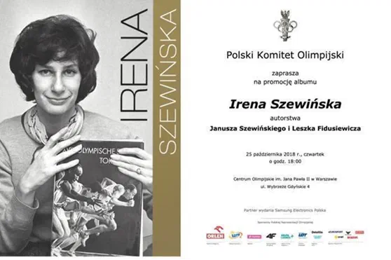 Zaproszenie Polskiego Komitetu Olimpijskiego na promocję albumu „Irena Szewińska” autorstwa Janusza Szewińskiego i Leszka Fidusiewicza (25 października 2018 r., Centrum Olimpijskie w Warszawie) ze zdjęciem Ireny Szewińskiej.