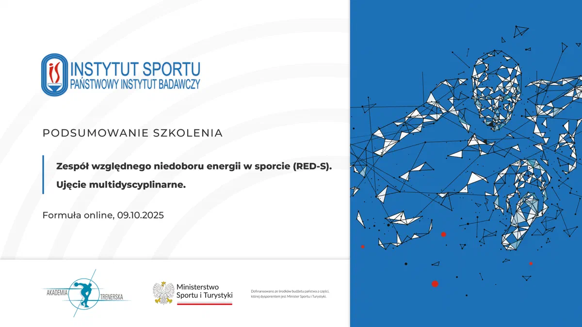 Grafika podsumowująca szkolenie Akademii Trenerskiej: Zespół względnego niedoboru energii w sporcie (RED-S). Ujęcie multidyscyplinarne, formuła online, 09.10.2025.