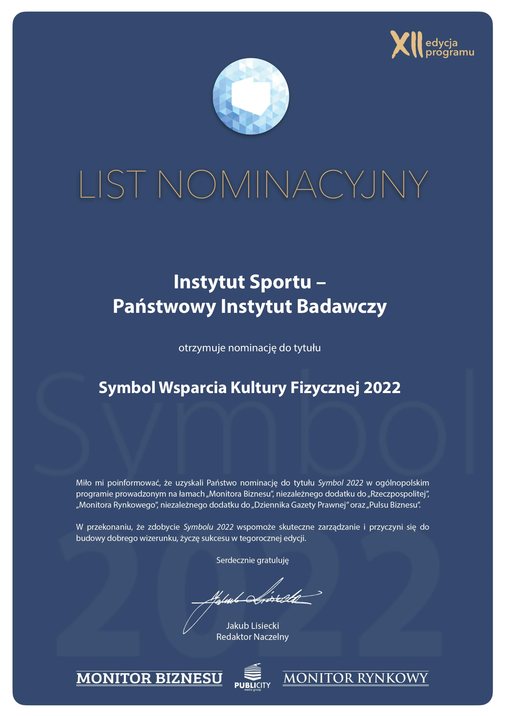 List nominacyjny Symbol 2022 Instytut Sportu Państwowy Instytut Badawczy 1