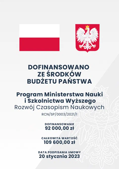 Plakat informacyjny: Dofinansowano ze środków budżetu państwa — Program Ministerstwa Nauki i Szkolnictwa Wyższego Rozwój Czasopism Naukowych, umowa RCN/SP/0003/2021/1 z 20 stycznia 2023 r., dofinansowanie 92 000,00 zł, całkowita wartość 109 600,00 zł